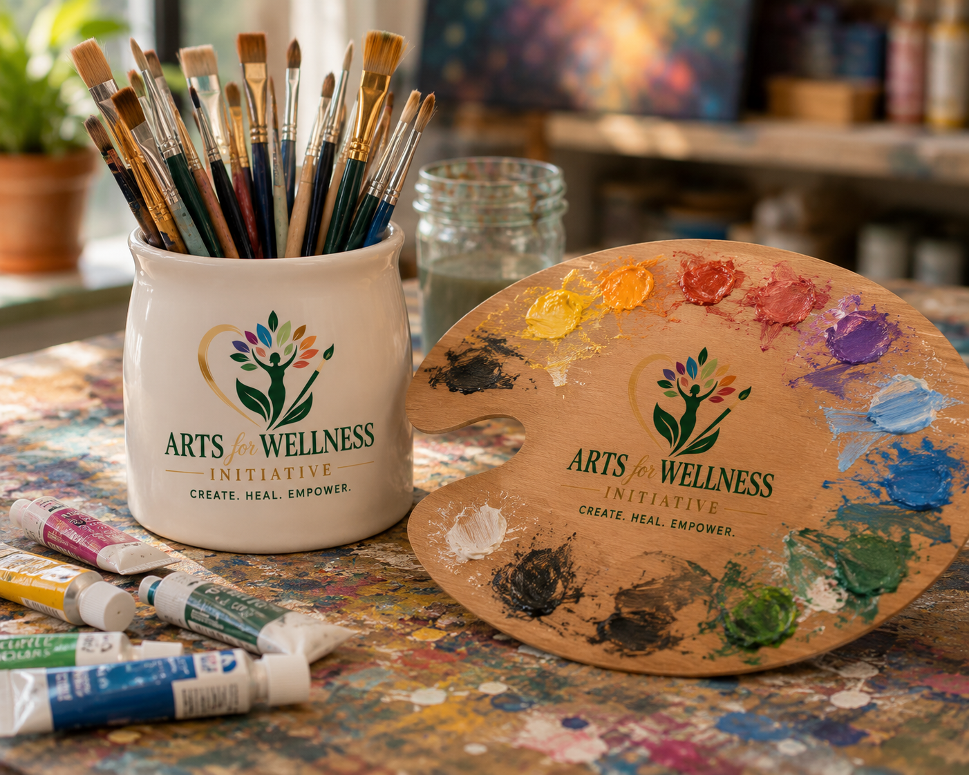 Palette and mug with brushes and AFW logo