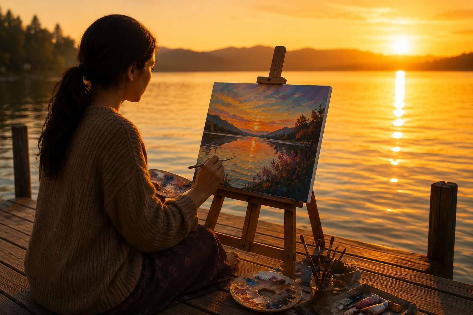 lady painting at the lake